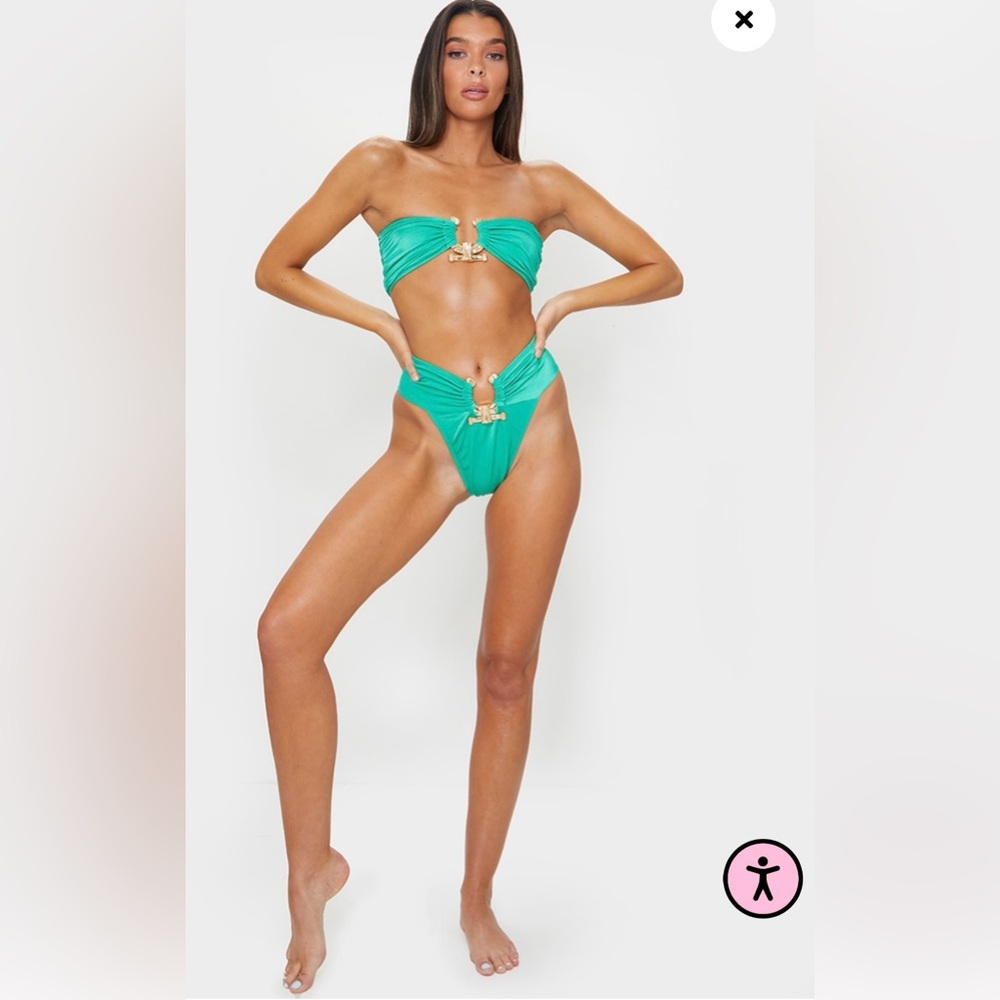 PrettyLittleThing | GREEN HAMMERED TRIM HIGH WAIST BIKINI BOTTOMS NWT US 14 - Picture 5 of 13